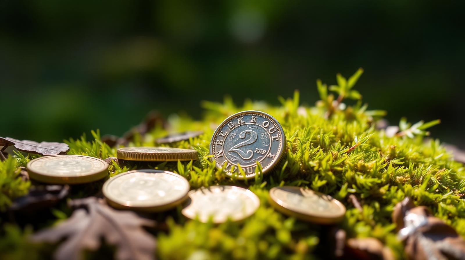 UK pound coins resting on fresh green moss in dappled sunlight, symbolising the cost of ethical investing