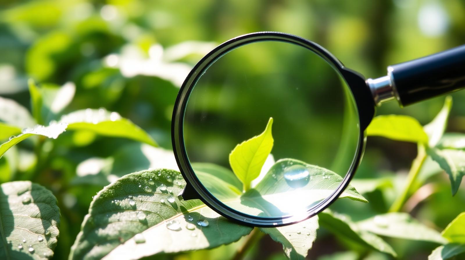 Magnifying glass over fresh green leaves with dewdrops in a sunlit UK woodland, symbolising scrutiny of ethical investments