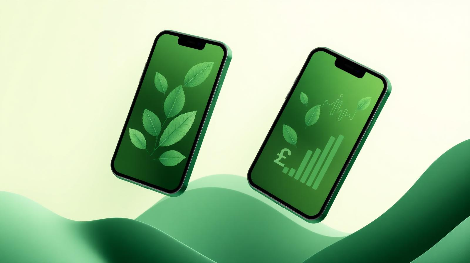 Smartphones showing ethical investment platforms with green leaves and pound symbols