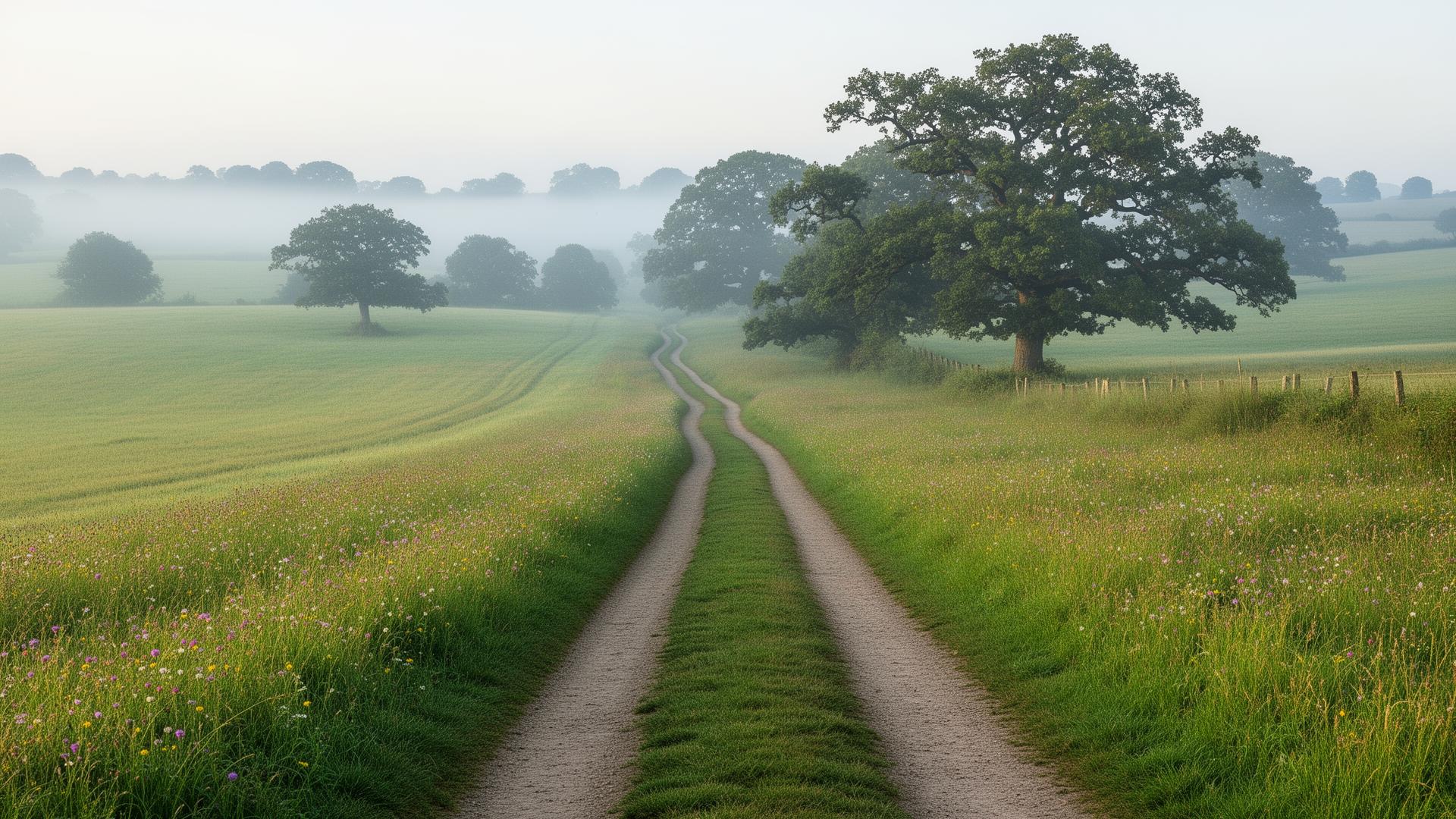 Two peaceful country lanes diverging through green UK farmland at dawn — symbolising a calm, independent path forward after a life transition
