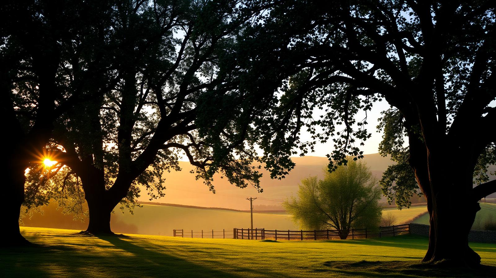 Mature oak trees in a UK meadow at golden hour, symbolising the steady income produced by sustainable, dividend-paying investments