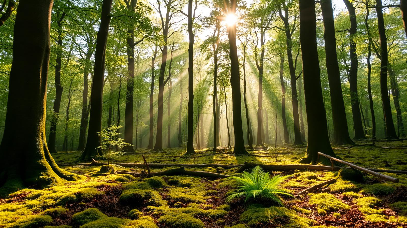 Sunlight breaking through tall green trees in a UK woodland with mossy forest floor, symbolising long-term sustainable growth