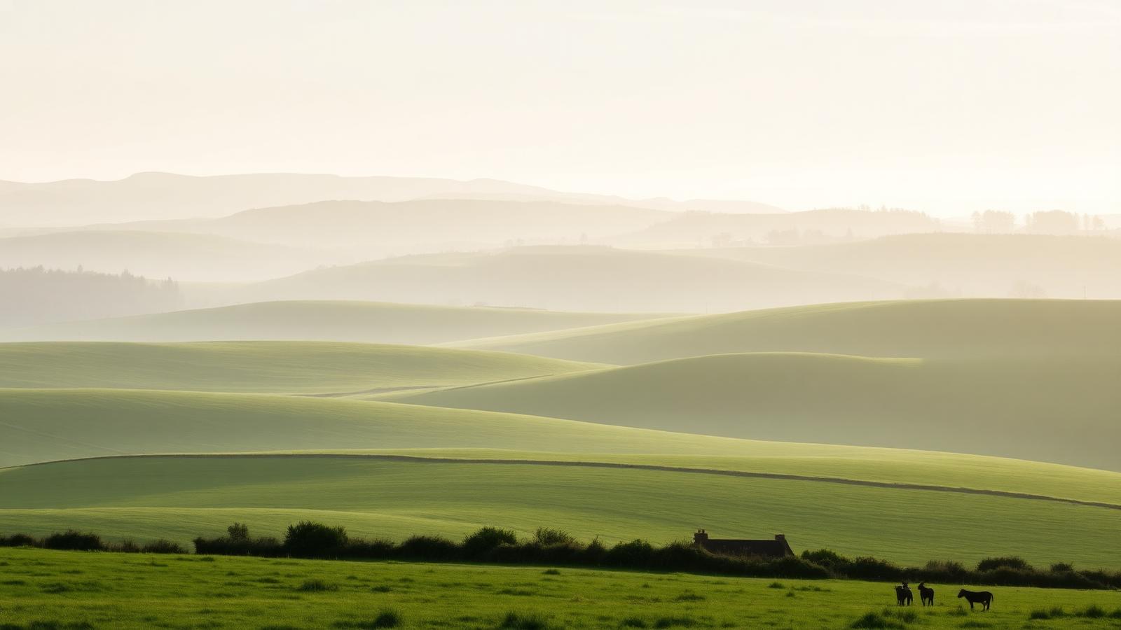 Rolling UK countryside at dawn representing long-term sustainable investing