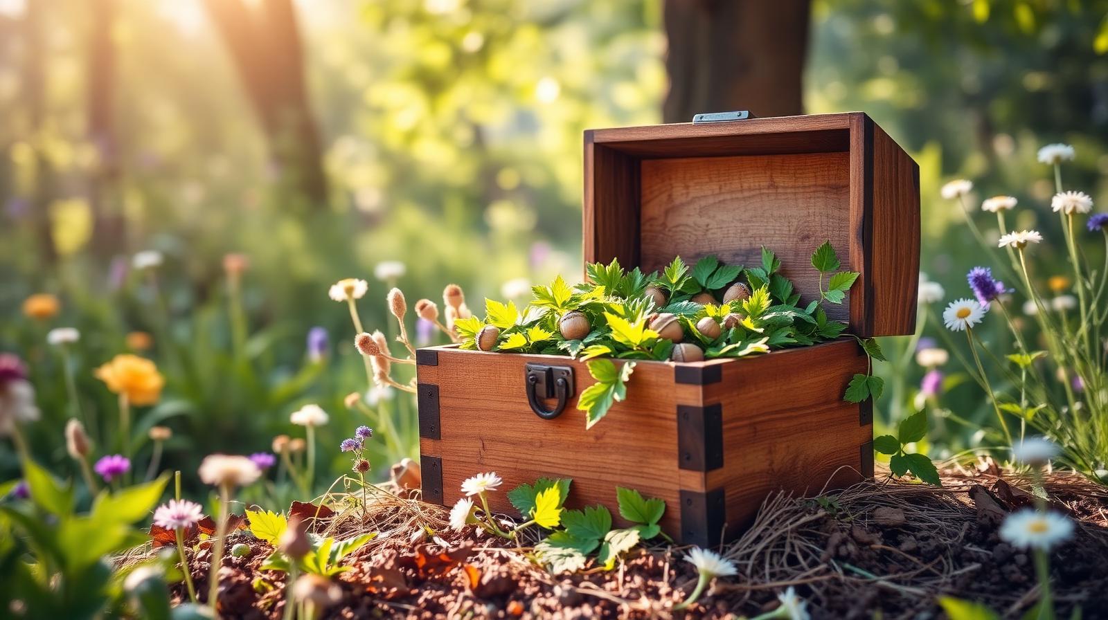 Wooden chest filled with green leaves and acorns in a sunlit UK garden, symbolising an ethical SIPP pension