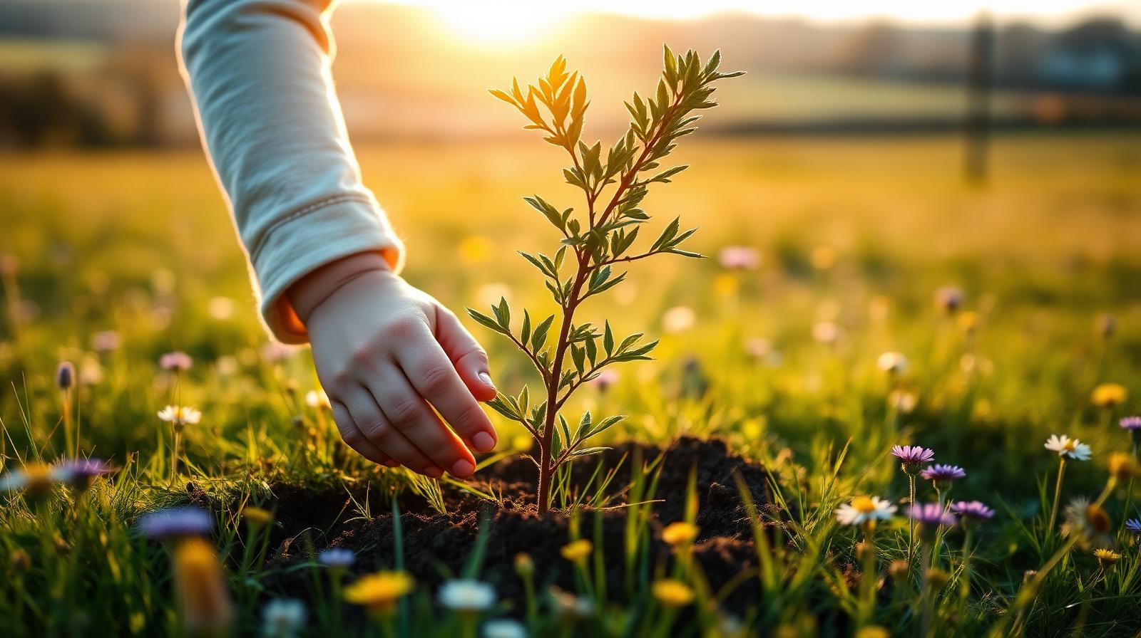 A child's hand planting a young tree sapling in a wildflower meadow at golden hour, symbolising long-term ethical saving for a child's future