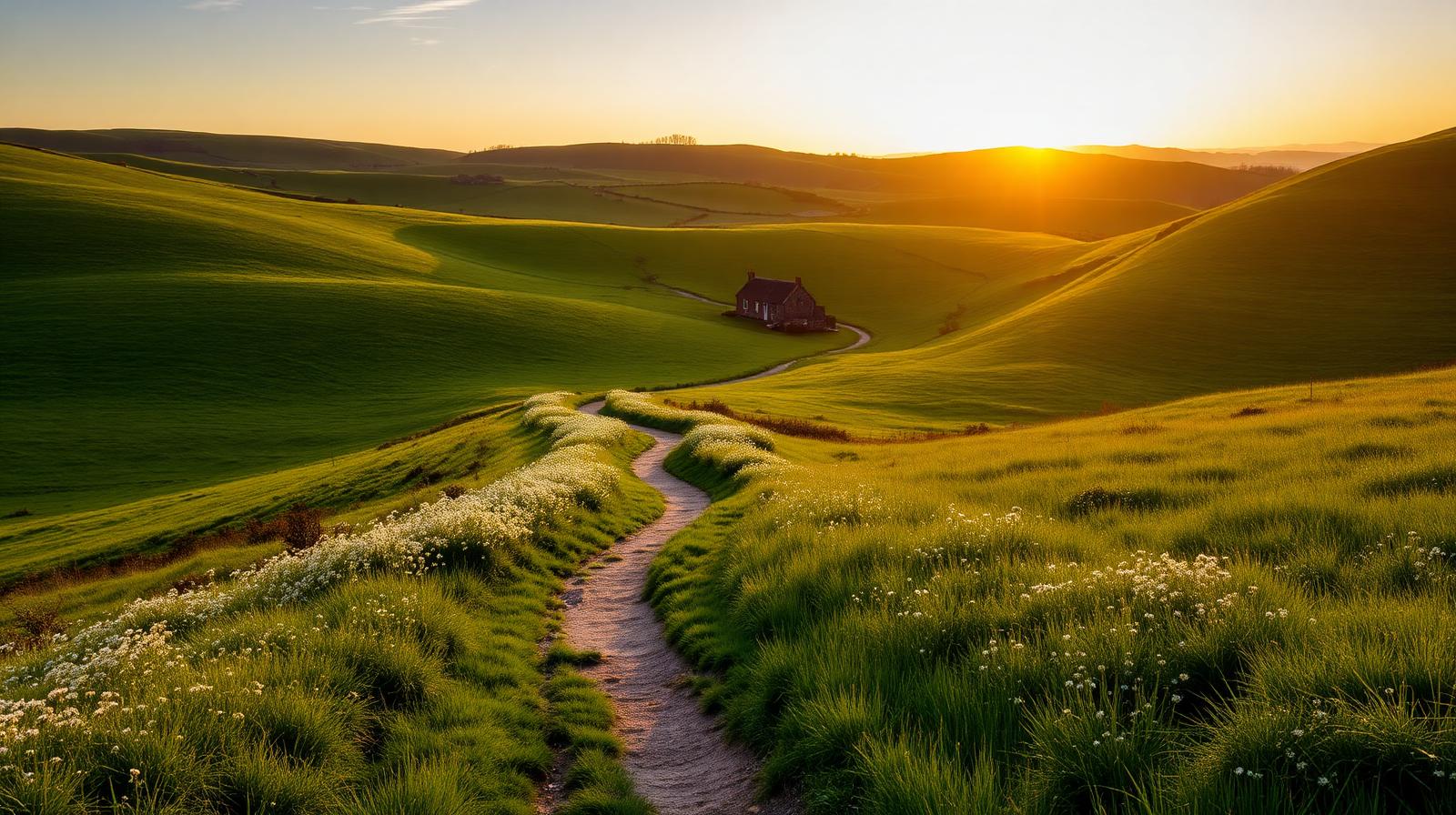 A winding footpath through wildflower meadows leading to a small stone cottage at sunset, symbolising long-term ethical saving toward a first home or retirement