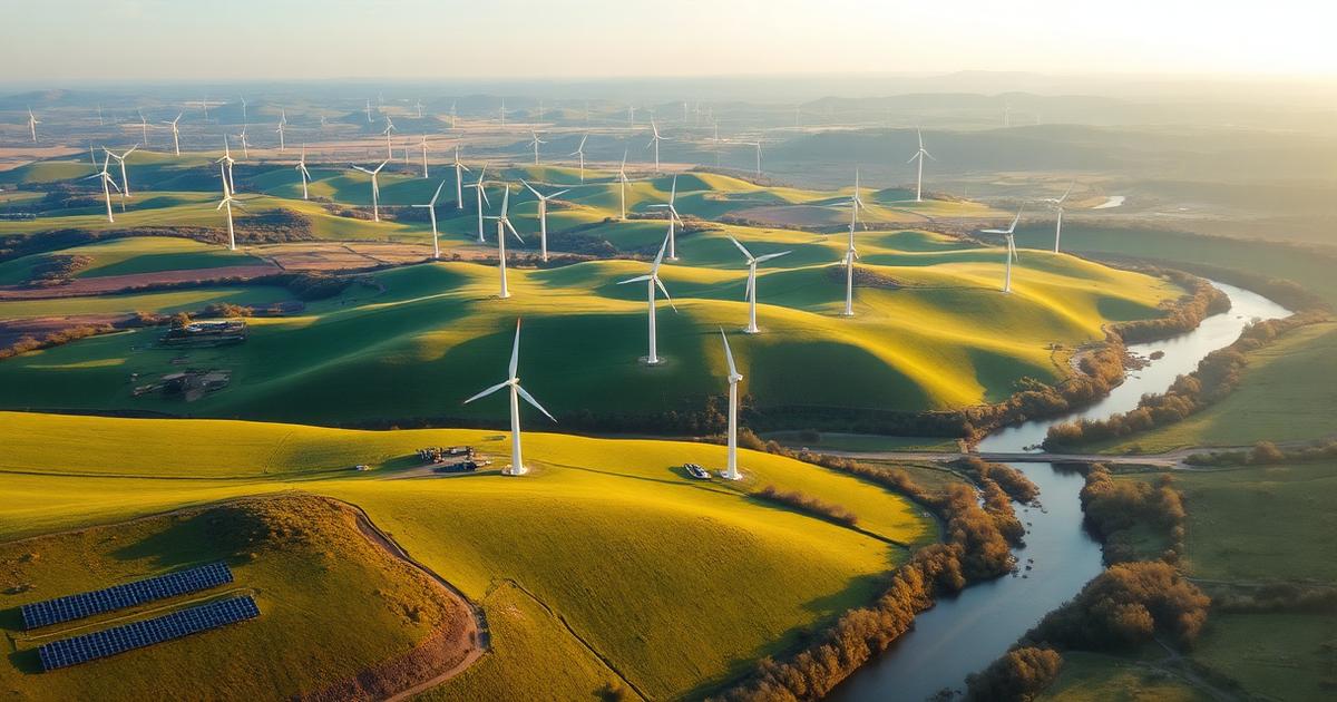 Wind turbines and solar panels across green British countryside — green bond funded infrastructure