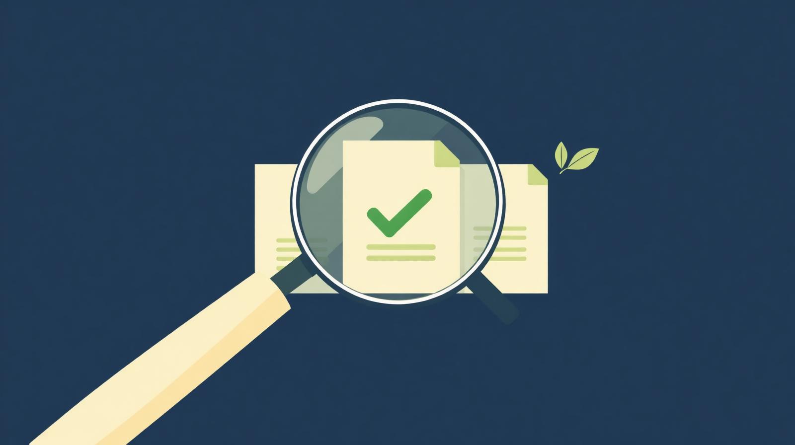 Magnifying glass examining ethical fund documents with a green checkmark