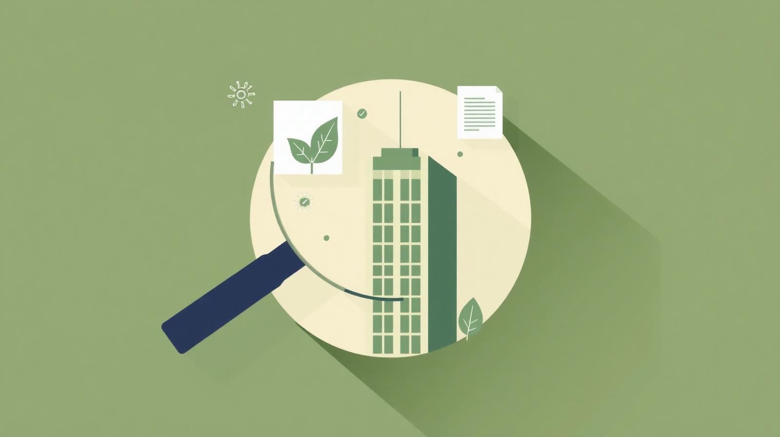 Magnifying glass examining a corporate skyscraper with ESG report and leaf icons