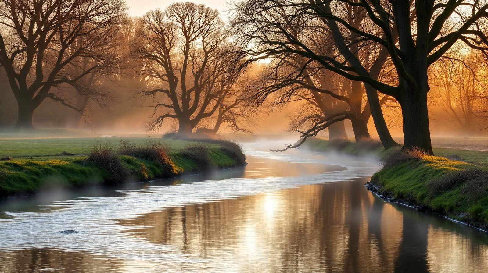 A calm UK river winding through ancient woodland at dawn — symbolising legacy, continuity and considered long-term decisions about inherited money