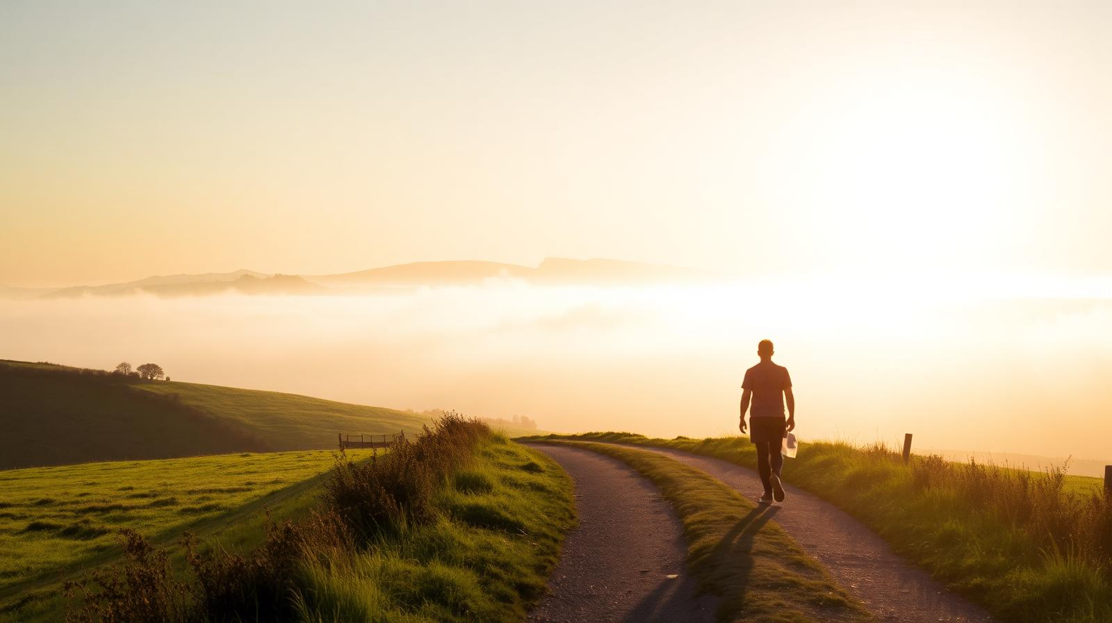 A quiet UK country path at golden hour leading toward distant hills — symbolising a calm, considered fresh start after redundancy