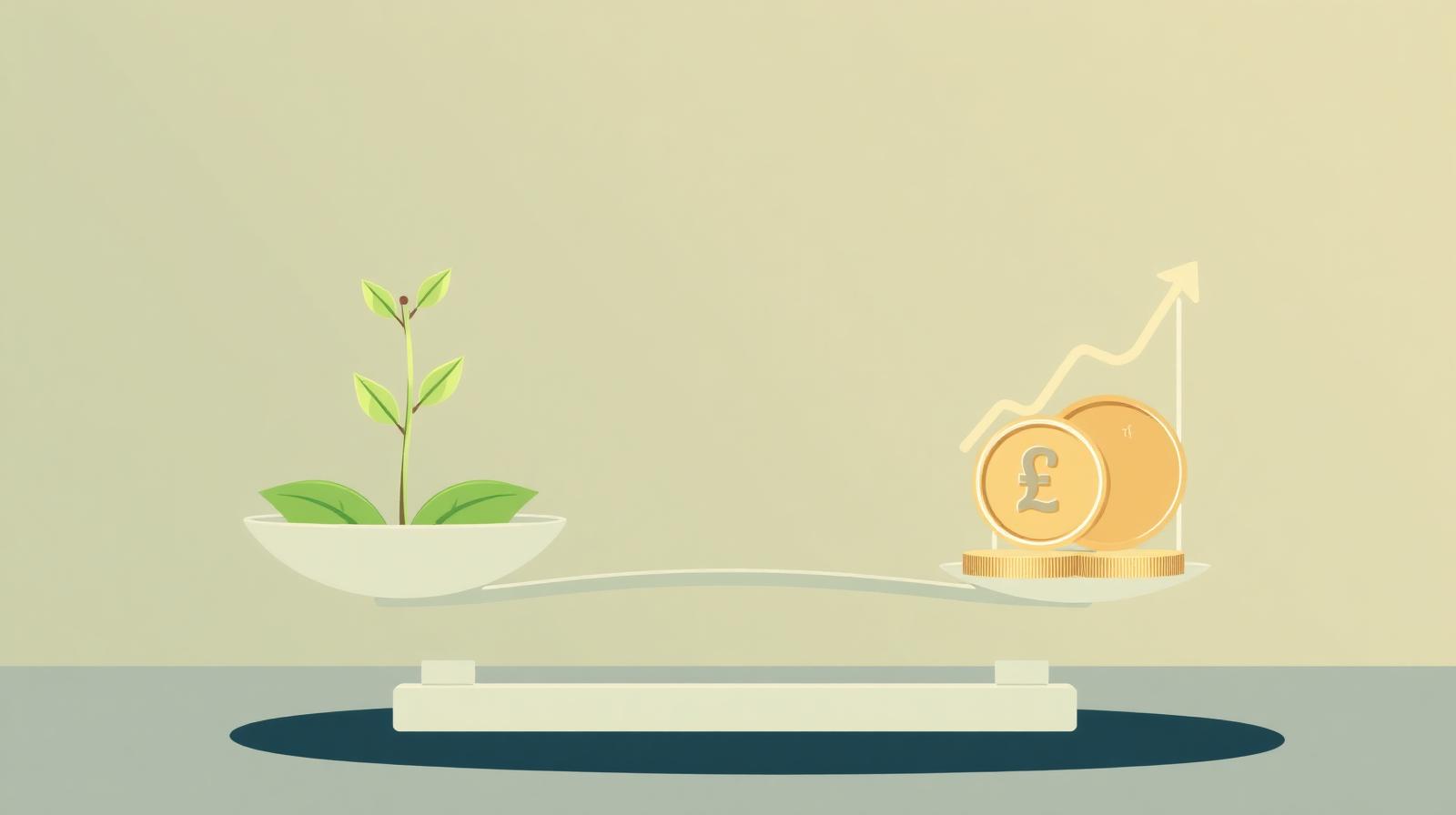 Balance scale weighing a green plant against pound coins and a rising chart