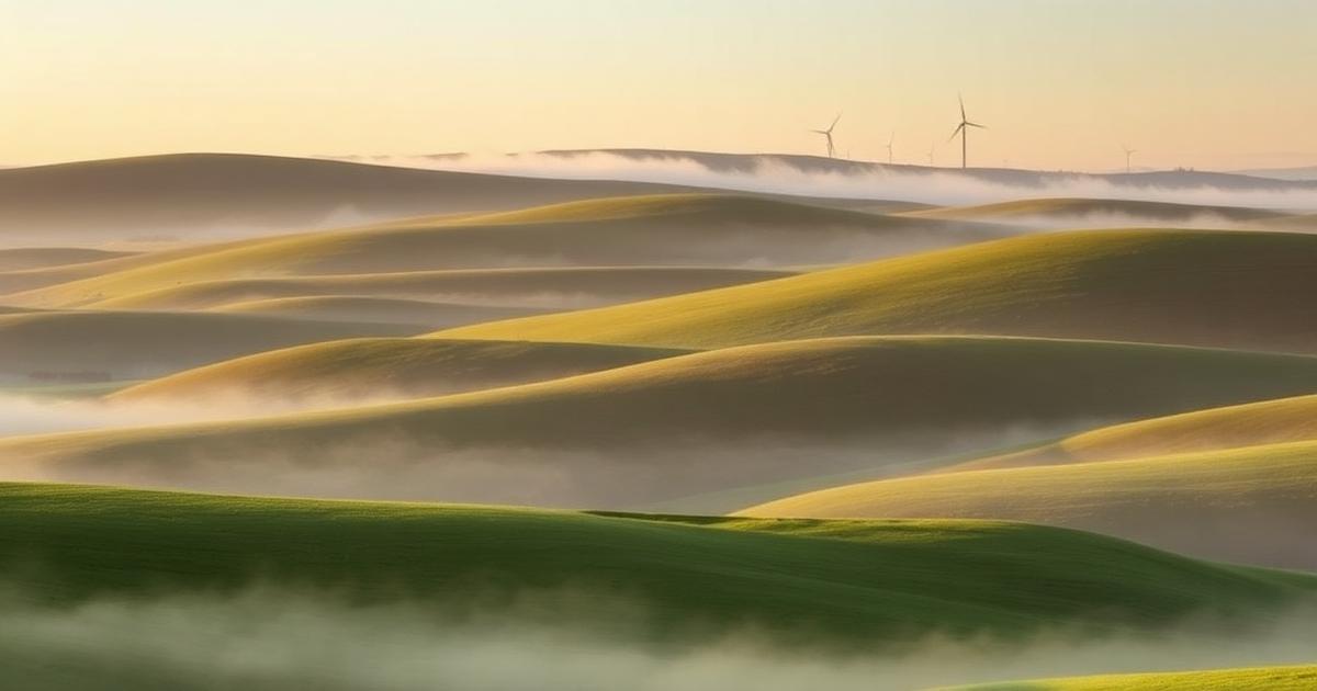 Misty UK hills at dawn with distant wind turbines — a visual metaphor for the long-term net zero transition