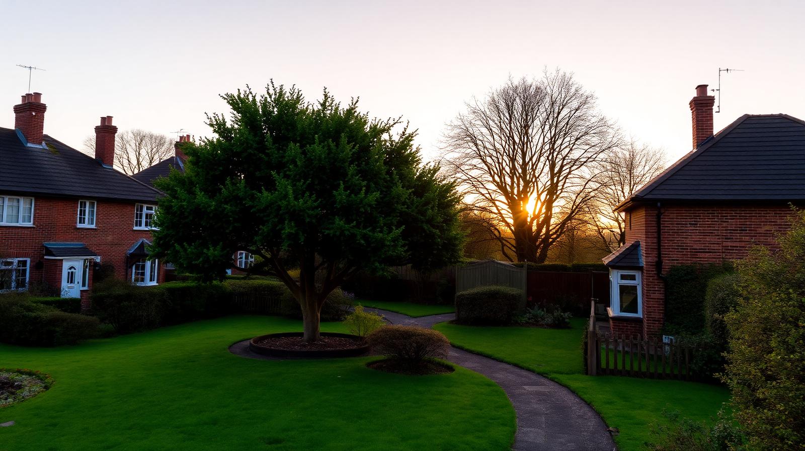 A quiet UK suburban home at golden hour with a garden path and mature trees — symbolising a calm, considered decision about paying down the mortgage or investing