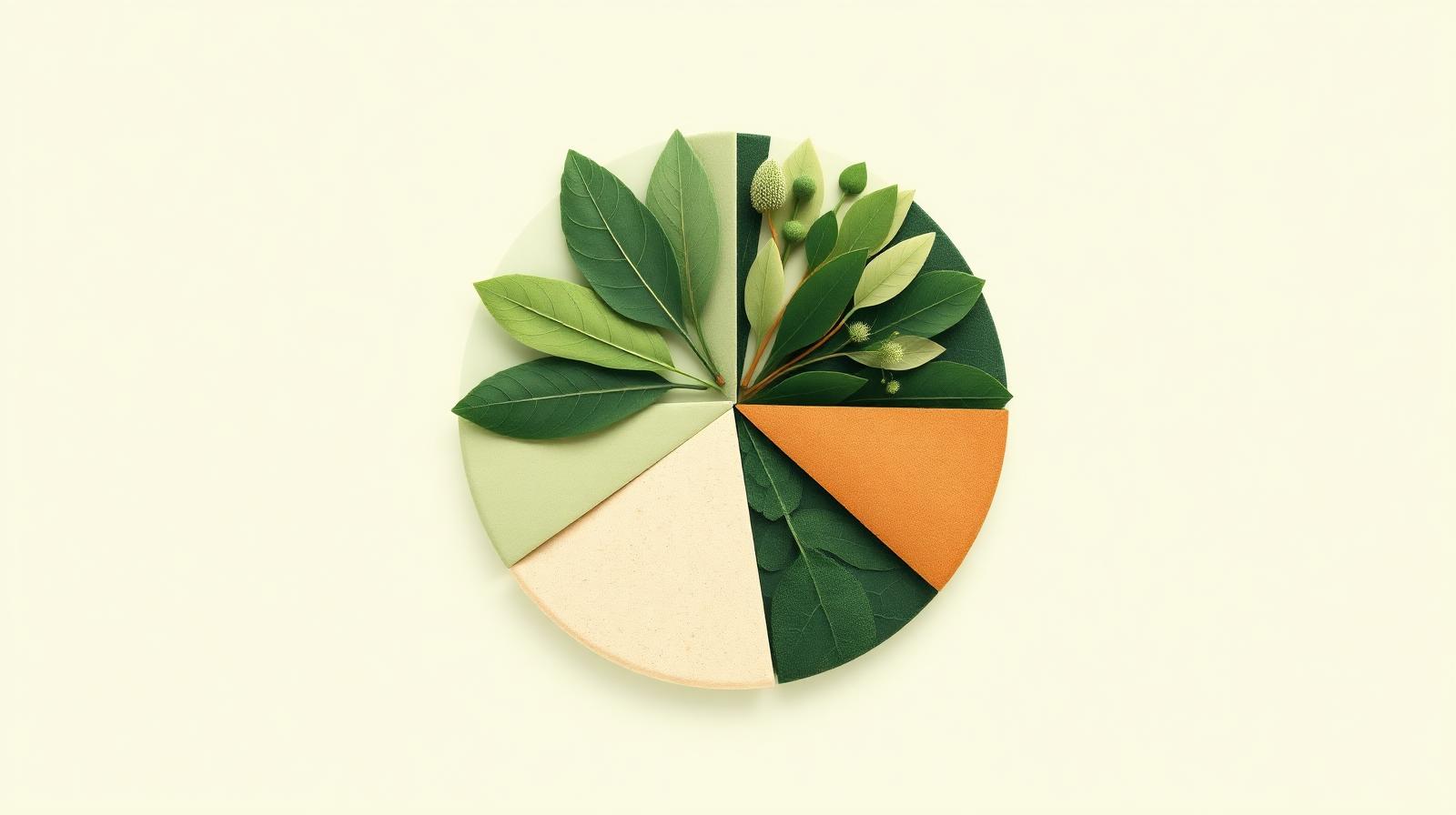 Pie chart of ethical portfolio allocation made of green leaves and natural materials