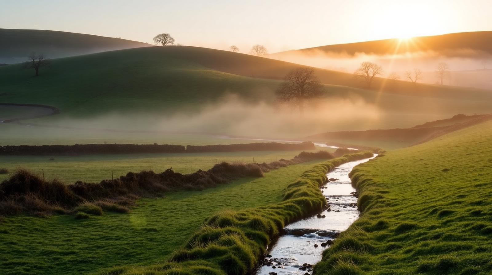 A gentle stream winding through misty UK hills at sunrise, symbolising a steady, considered transfer of a pension to ethical funds